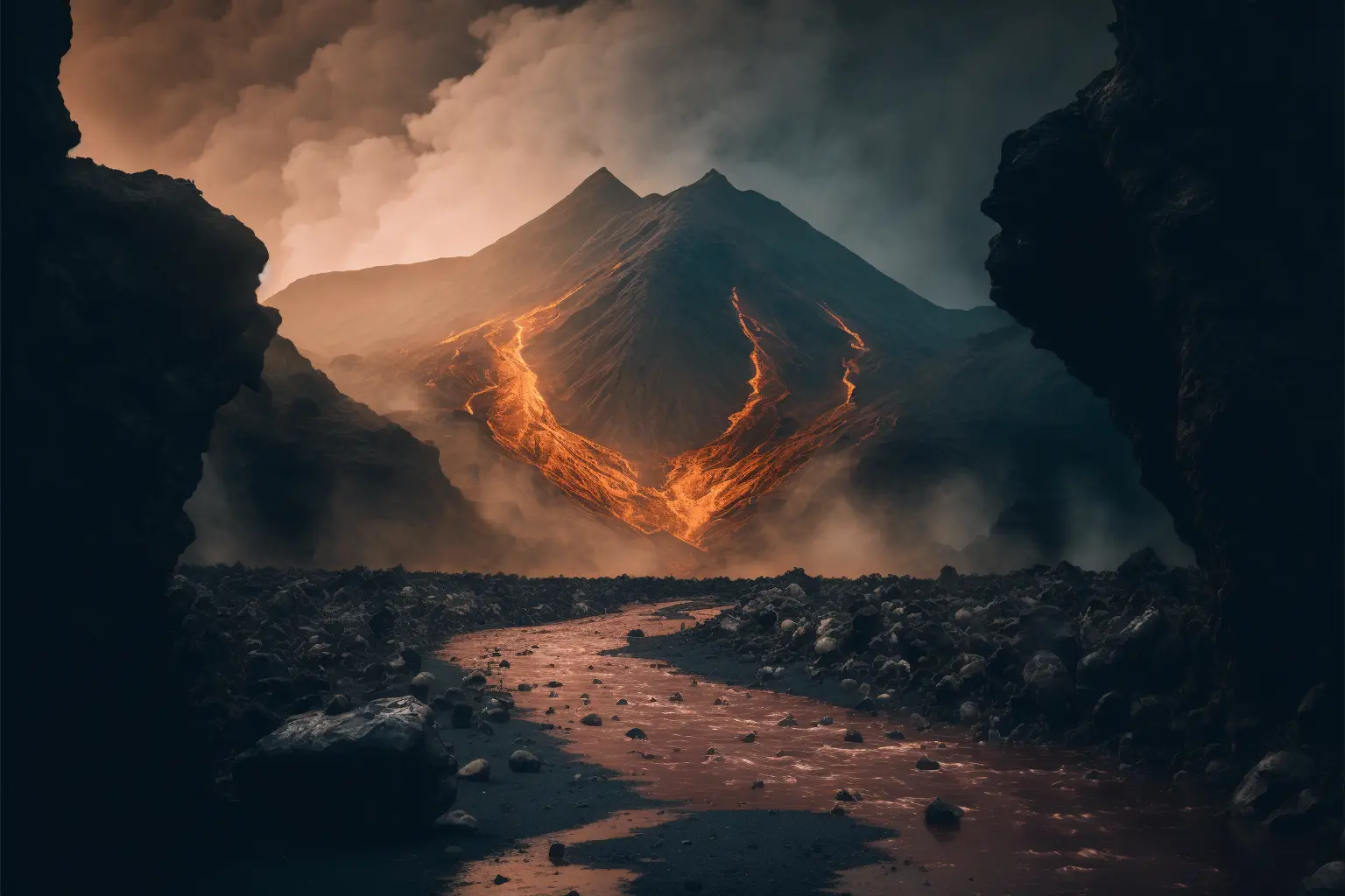 river of molten magma, volcano in background, shrouded in mist, Canon RF 16mm f:2.8 STM Lens, hyperrealistic photography, style of unsplash and National Geographic